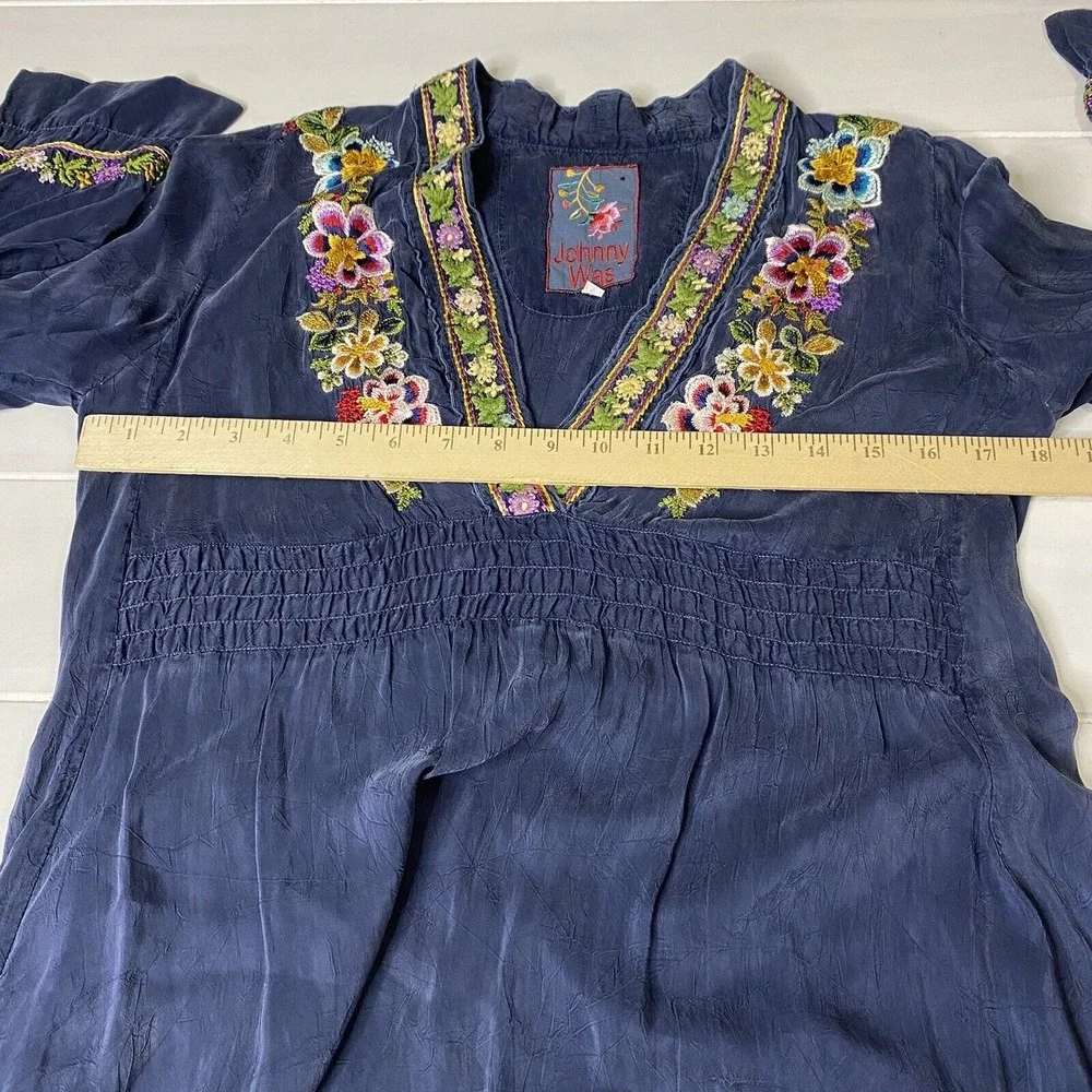 Johnny Was Navy Embroidered Dress Long Sleeve V‎ Neck Women's Size XS